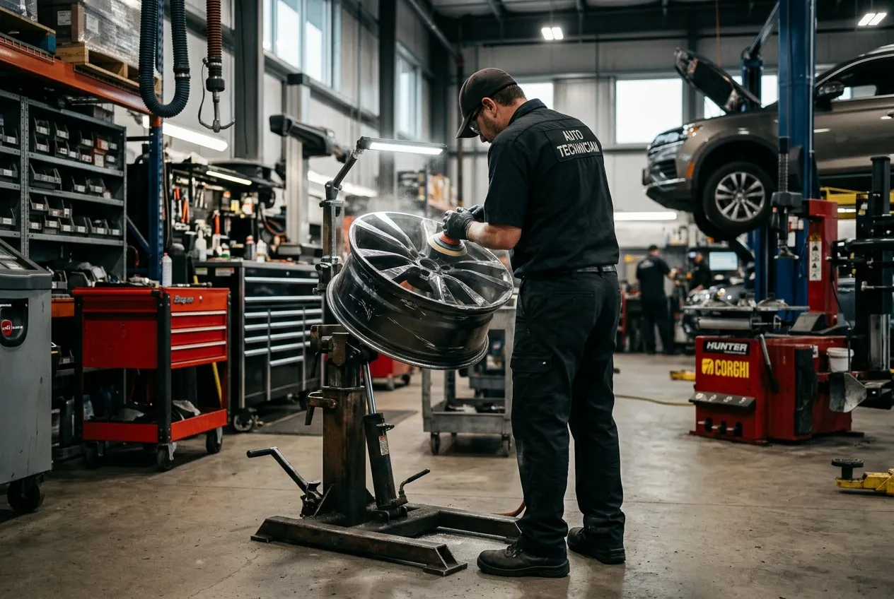Wheel Fusion technician performing precision alloy wheel repair in Glasgow